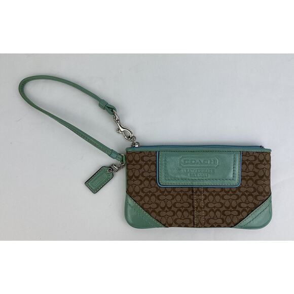 VTG Coach Wristlet Wallet Monogram Brown Canvas Teal Patent Leather Classic - Picture 1 of 9